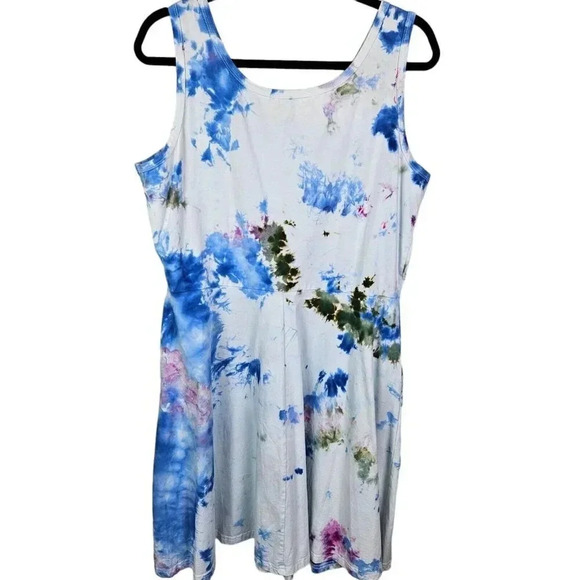 Cotton Spandex Custom‎ Tie Dye Pink Purple Green V-Neck Dress Size XXL Pockets - Picture 2 of 11